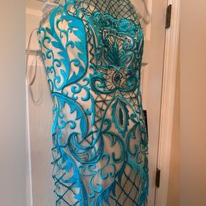 Teal and Ivory Appliqué Fit and Flare Gown